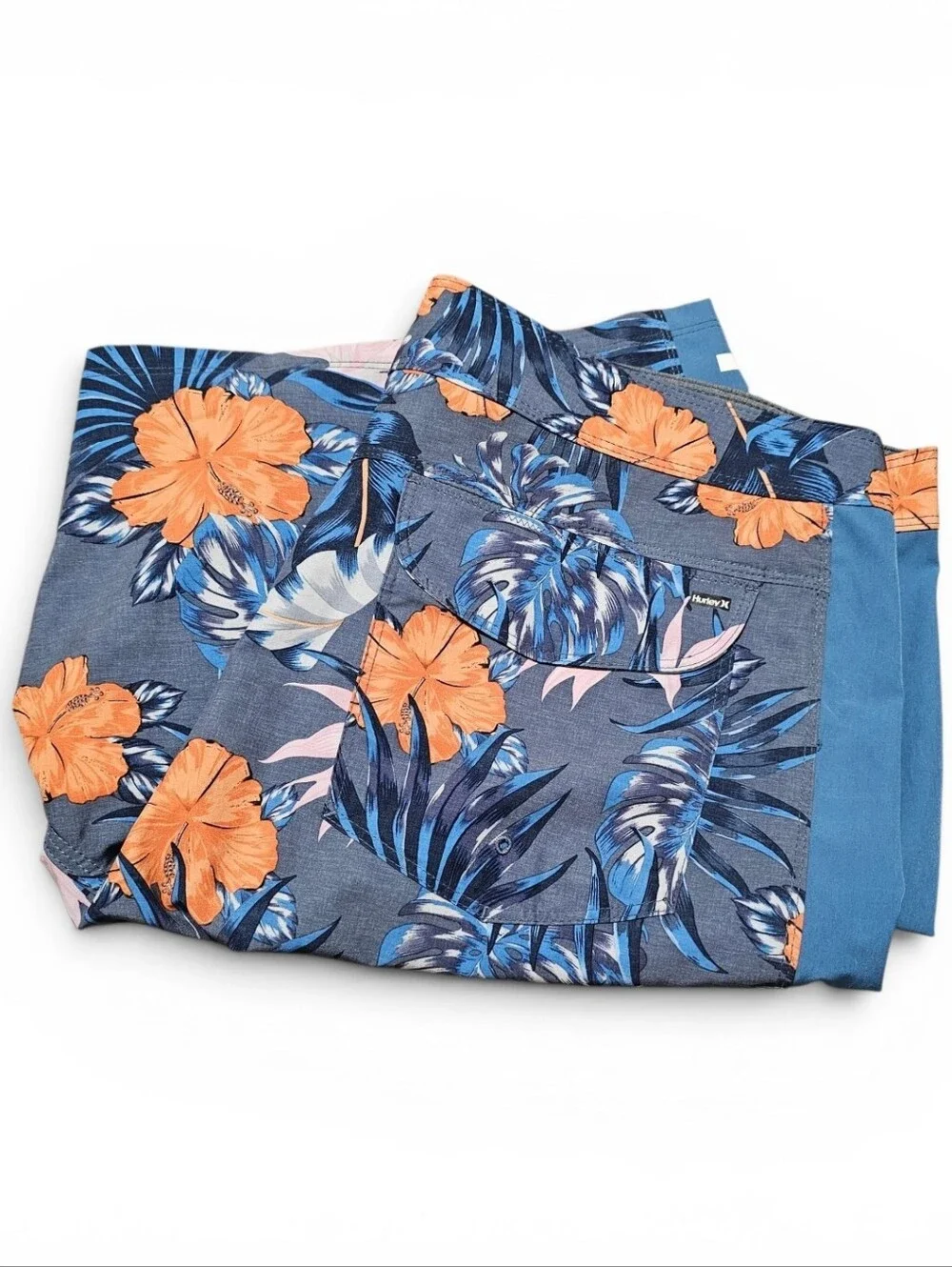 Hurley Swim Trunks Unlined Men's Blue & Orange Floral Front Key Pocket Size 38